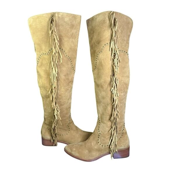 Frye Camel Brown Suede RAY Fringe Zip Over the Knee Boot Sz 10 M - Picture 2 of 12
